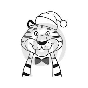 Cute cartoon tiger. Black and white outline.