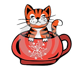 Cute Cartoon Tiger or cat is sitting in a cup of coffee