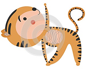 Cute cartoon tiger cub practicing Trikonasana - triangle pose on white background.