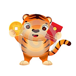Cute cartoon tiger with red envelope and golden coin money. 2022 Happy Chinese new year mascot. Lunar zodiac animal