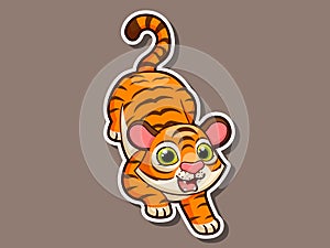 Cute cartoon tiger sticker mascot animal character. Vector art illustration