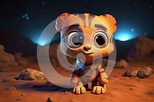 Cute Cartoon Tiger With Very Big Eyes And A Pitying Look The Background Of Martian Earth. Generative AI