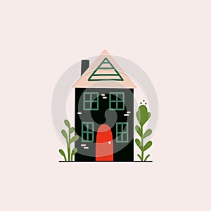 Cute cartoon tiny house. Flat small city building with garden, modern small cottage with yard and trees. Vector isolated