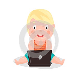 Cute cartoon toddler boy sitting on the floor and playing using laptop colorful character Illustration