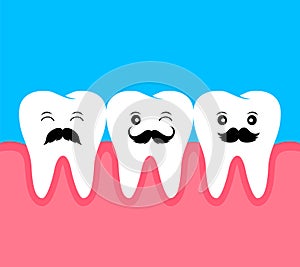 Cute cartoon tooth with black mustache.