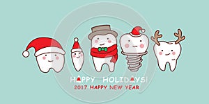 Cute cartoon tooth celebrate Christmas