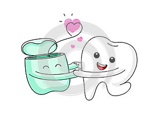 Cute cartoon tooth character and dental floss.