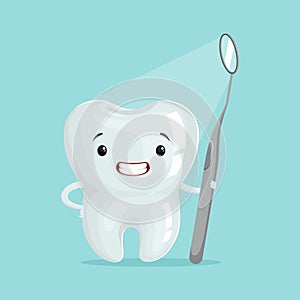 Cute cartoon tooth character with dental tool, childrens dentistry concept vector Illustration