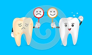 Cute cartoon tooth character holding sign of emotional face.