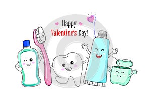 Cute cartoon tooth character with mouthwash, toothbrush, toothpaste and dental floss.