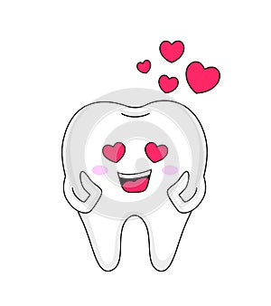 Cute cartoon tooth character with red heart.