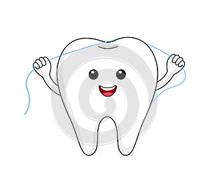 Cute cartoon tooth character using dental floss.