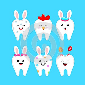 Cute cartoon tooth characters with rabbit ears decoration.