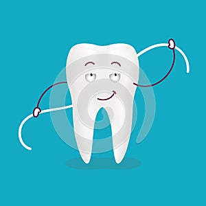 Cute Cartoon Tooth With Dental Floss Isolated On A Background. Vector Illustration.