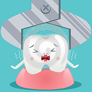 Cute cartoon with tooth extraction character cleaning itself with dental floss, oral dental hygiene