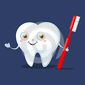 Cute cartoon Tooth with a toothbrush, smiling.