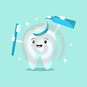 Cute cartoon tooth with toothbrush and toothpaste smiles and shines isolated on green background. Vector flat illustration.