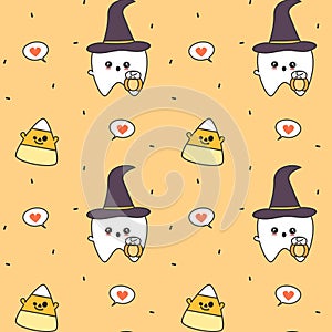 Cute cartoon tooth with witch hat and candy corn funny halloween seamless pattern background illustration