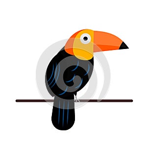 Cute cartoon toucan isolated on white. Exotic or tropical bird. South America fauna. Flat vector illustration. Easy to edit