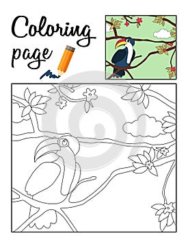 Cute cartoon toucan sitting on a branch. Coloring page