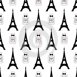 Cute cartoon tour Eiffel with perfume vector illustration. Paris symbols seamless pattern.