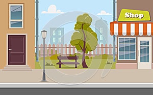 Cute cartoon town street with a shop, tree, bench, fence, street lamp. City street background vector illustration