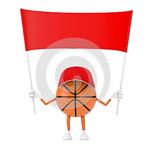 Cute Cartoon Toy Basketball Ball Sports Mascot Person Character with Empty Red Blank Banner with Free Space for Your Design. 3d