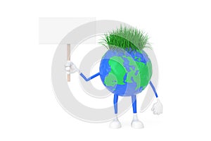 Cute Cartoon Toy Plasticine Clay Earth Globe Person Character with Empty White Blank Banner with Free Space for Your Design. 3d