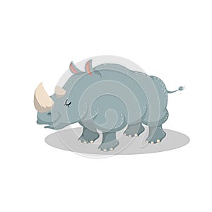 Cute cartoon trendy design cheerful rhino with closed eyes . African or safari animals wildlife vector illustration