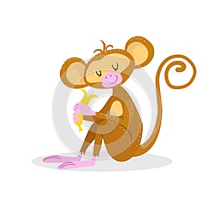 Cute cartoon trendy design little monkey enjoys banana