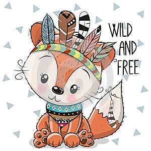 Cute Cartoon tribal Fox with feathers