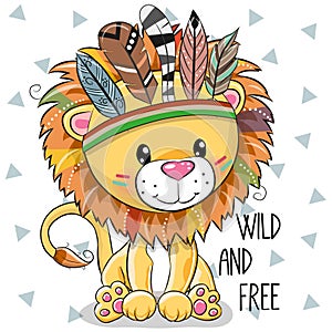 Cute Cartoon tribal Lion with feathers