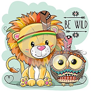 Cute Cartoon tribal Lion and owl