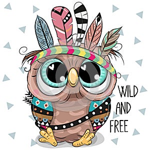 Cute Cartoon tribal Owl with feathers