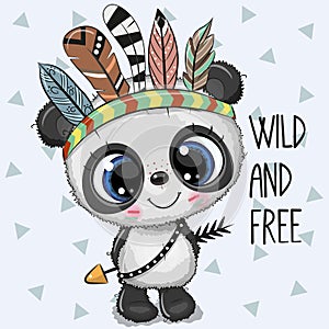 Cute Cartoon tribal Panda with feathers photo