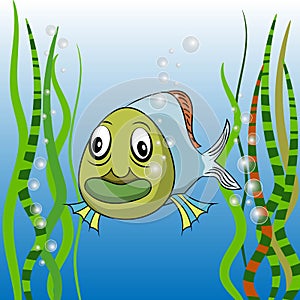 Cute cartoon tropical fish vector illustration with seaweeds and bubbles of air