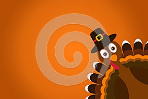 Cute Cartoon Turkey Pilgrim with hat on orange gradient background Thanksgiving poster.