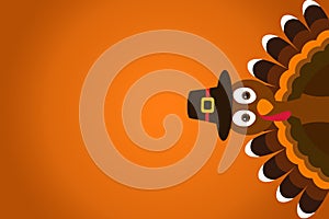 Cute Cartoon Turkey Pilgrim with hat on orange gradient background Thanksgiving poster.