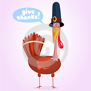 Cute cartoon turkey vector illustration with a message Give Thanks.