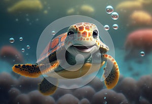 Cute cartoon turtle with big eyes on the sea background.Stylized smiling baby turtle.