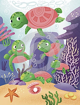 Cute cartoon turtles underwater. Sea world with seaweeds. Colorful cartoon scene for worksheet. Nature and animals