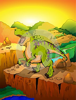 Cute cartoon tyrannosaur with landscape background.