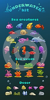 Cute cartoon underwater icons set