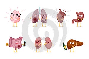 Cute cartoon unhealthy sick human internal organ character set with brain lung intestine heart kidney liver and stomach