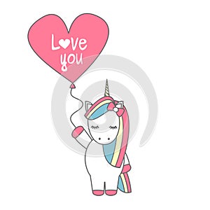 Cute cartoon vector unicorn with balloon with hand drawn lettering love you text