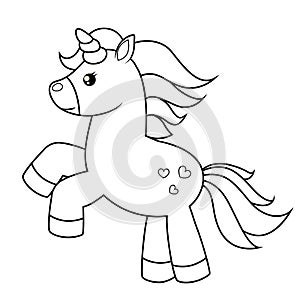 Cute cartoon unicorn. Black and white vector illustration for coloring book