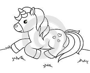 Cute cartoon unicorn. Black and white vector illustration for coloring book