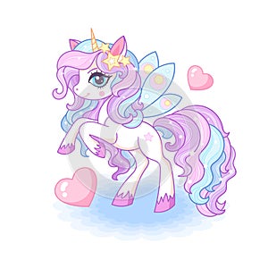 Cute cartoon unicorn with butterfly wings. Vector illustration