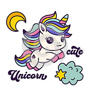 Cute Cartoon Unicorn Card Isolated On A White Unicorn Rainbow Kids Animal.