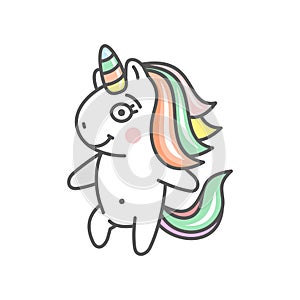 Cute Cartoon Unicorn Character Icon on White Background. Vector